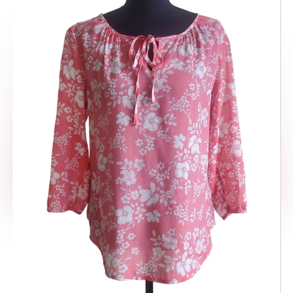 Fred David Blouse Floral Cut Out 3/4 Sleeves Top Pink White Size Small